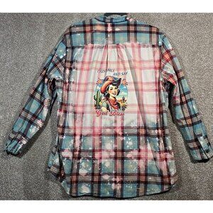 OOAK Upcycled Flannel Shacket Shirt Sarcastic Humor Smile Say God Bless XL